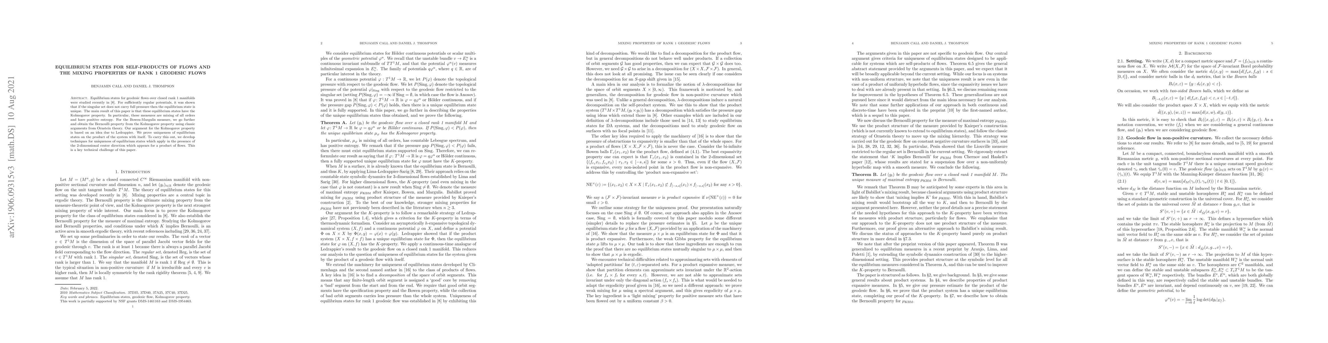 Thumbnail for Equilibrium states for self-products of flows and the mixing properties
  of rank 1 geodesic flows