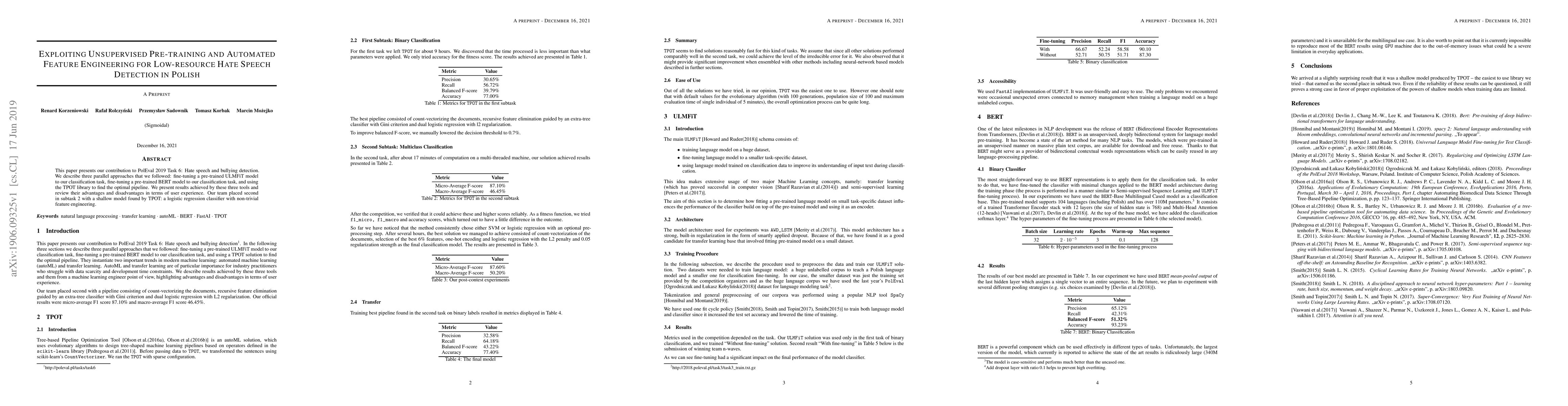 Thumbnail for Exploiting Unsupervised Pre-training and Automated Feature Engineering
  for Low-resource Hate Speech Detection in Polish