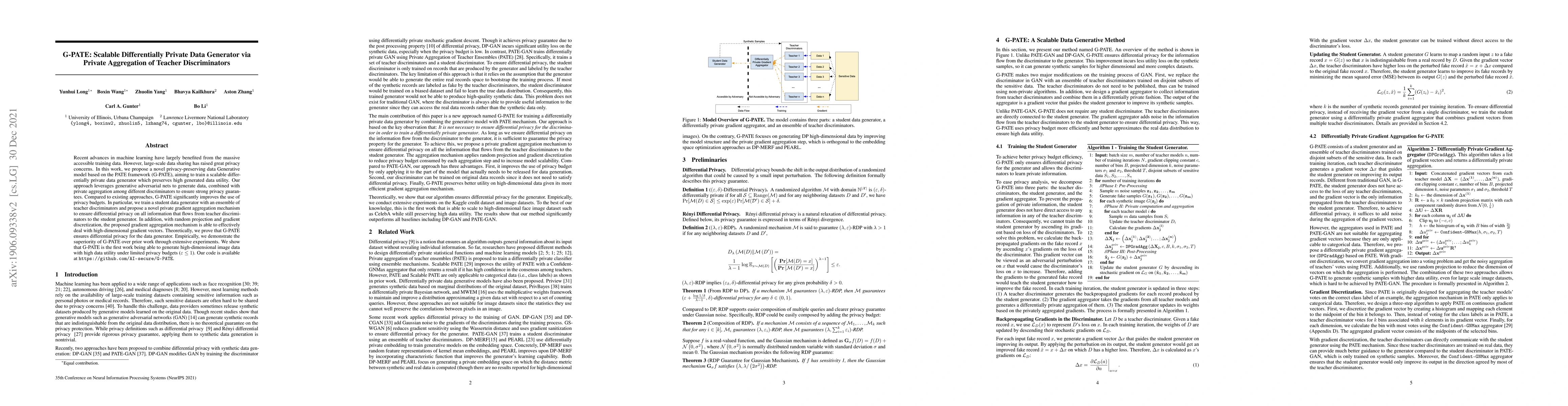 Thumbnail for G-PATE: Scalable Differentially Private Data Generator via Private
  Aggregation of Teacher Discriminators