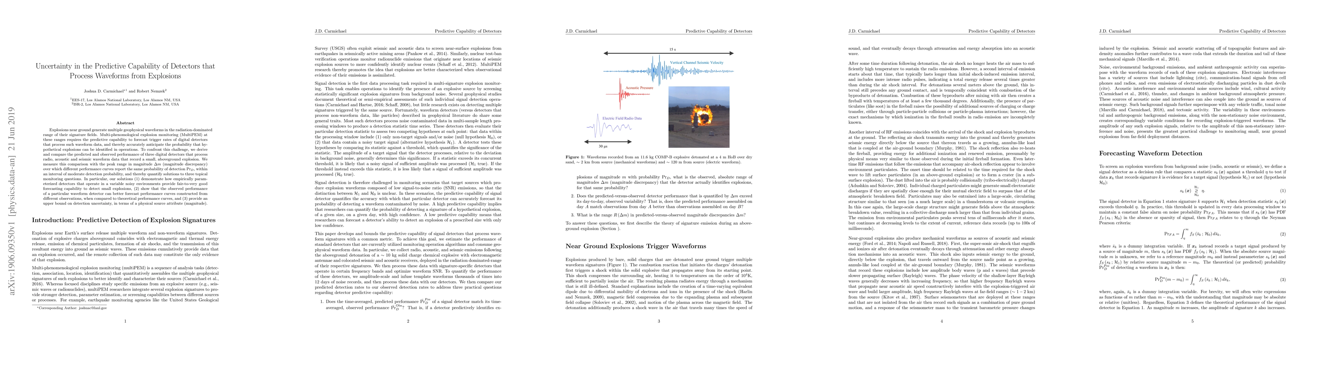 Thumbnail for Uncertainty in the Predictive Capability of Detectors that Process
  Waveforms from Explosions