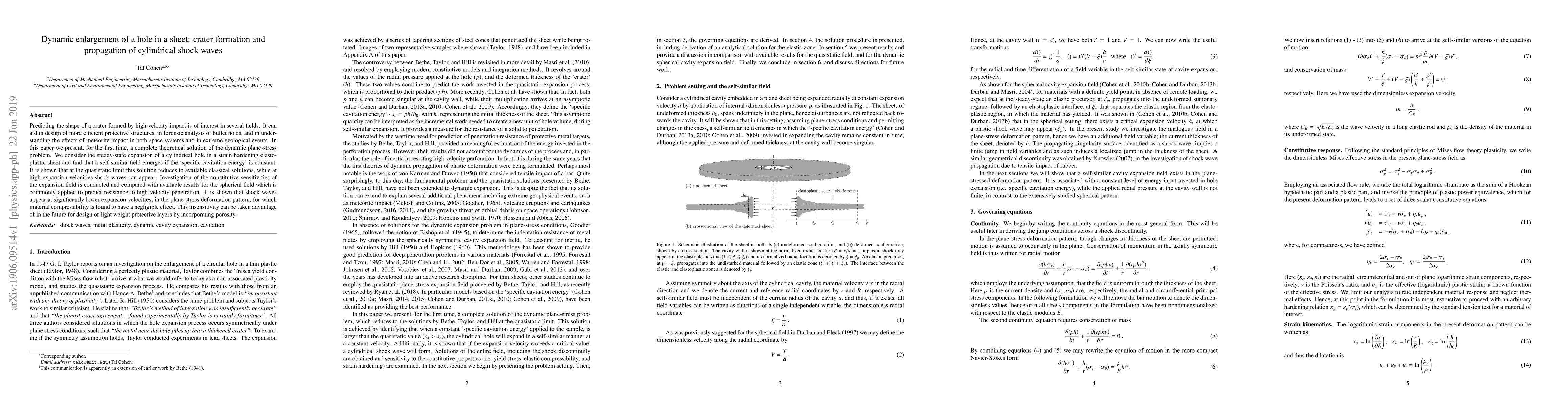 Thumbnail for Dynamic enlargement of a hole in a sheet: crater formation and
  propagation of cylindrical shock waves