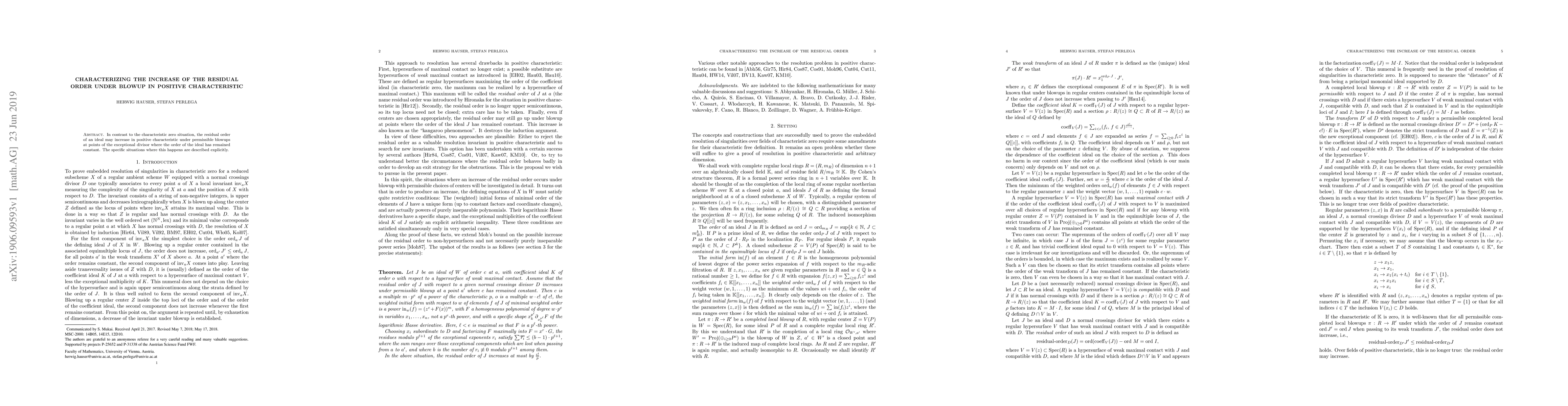 Thumbnail for Characterizing the increase of the residual order under blowup in
  positive characteristic