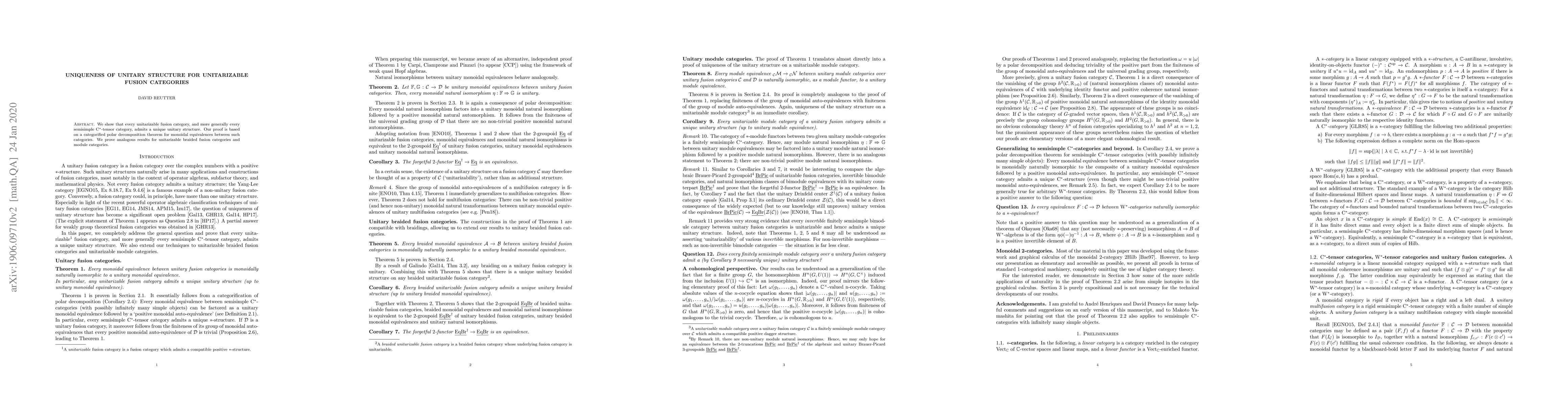 Thumbnail for Uniqueness of unitary structure for unitarizable fusion categories