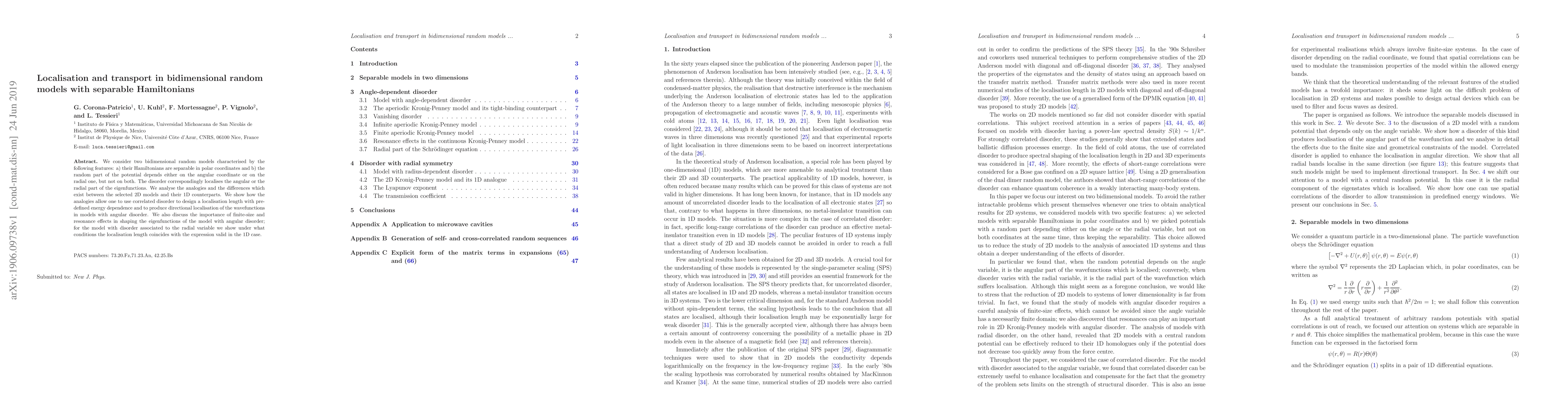 Thumbnail for Localisation and transport in bidimensional random models with separable
  Hamiltonians