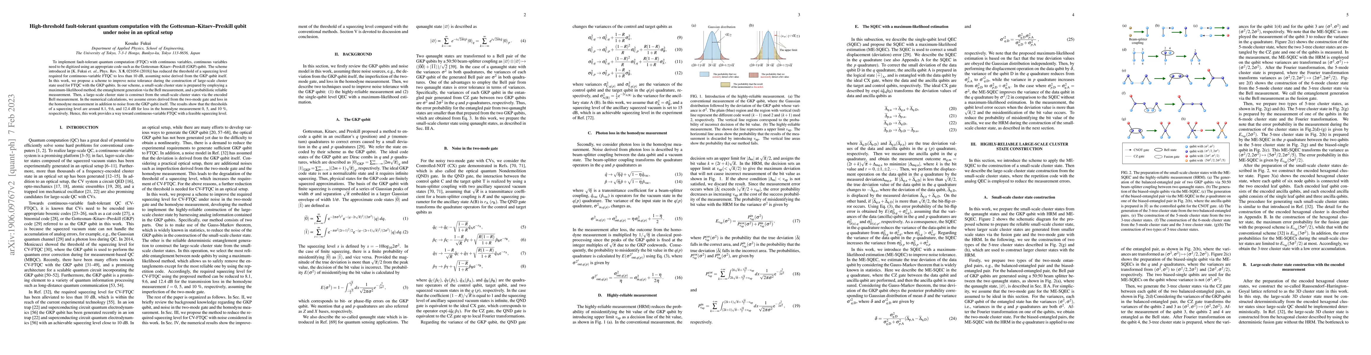 Thumbnail for High-threshold fault-tolerant quantum computation with the
  Gottesman-Kitaev-Preskill qubit under noise in an optical setup