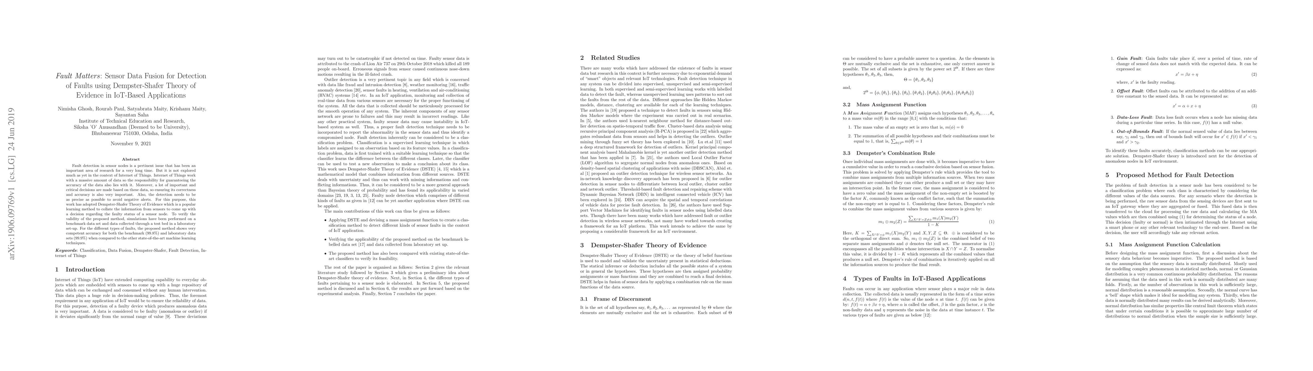 Thumbnail for Fault Matters: Sensor Data Fusion for Detection of Faults using
  Dempster-Shafer Theory of Evidence in IoT-Based Applications