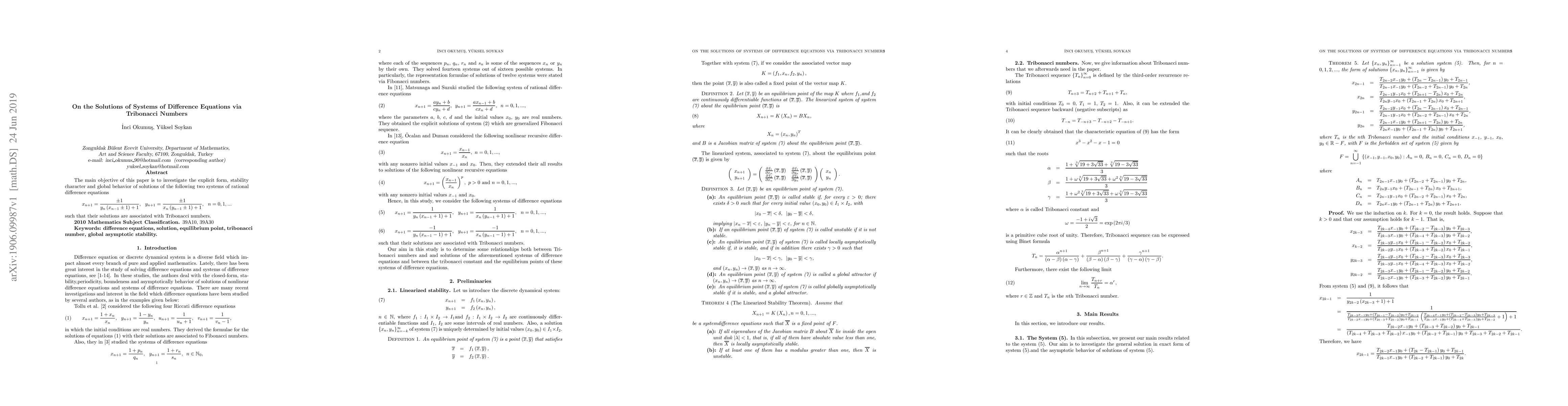 Thumbnail for On the Solutions of Systems of Difference Equations via Tribonacci
  Numbers