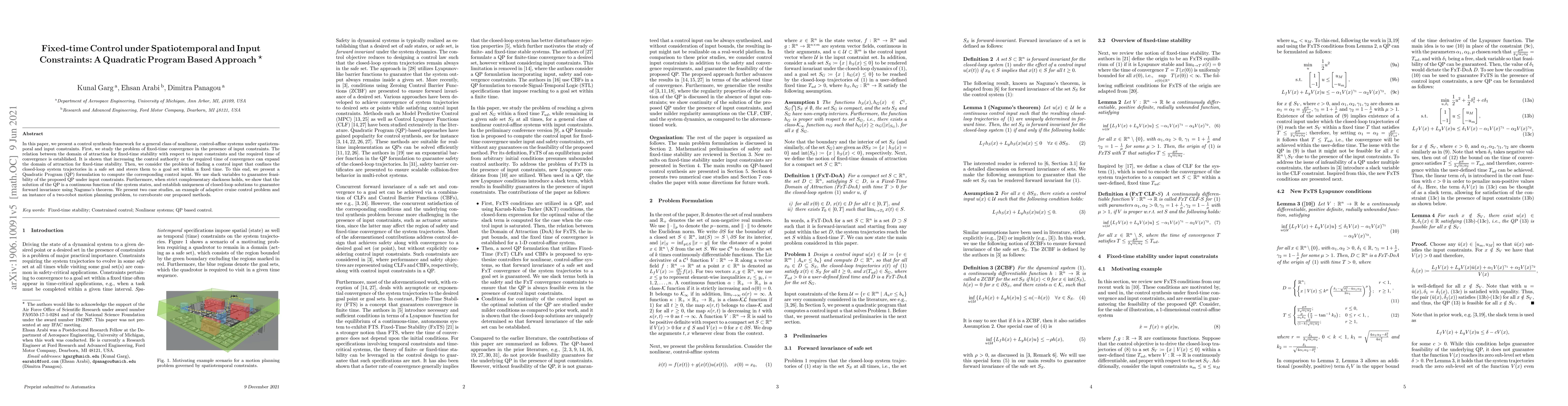 Thumbnail for Fixed-time Control under Spatiotemporal and Input Constraints: A
  Quadratic Program Based Approach