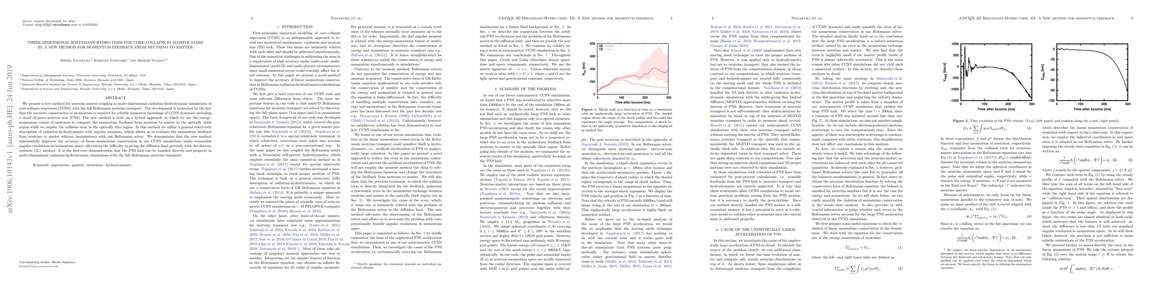 Thumbnail for Three-Dimensional Boltzmann-Hydro Code for core-collapse in massive
  stars III. A New method for momentum feedback from neutrino to matter