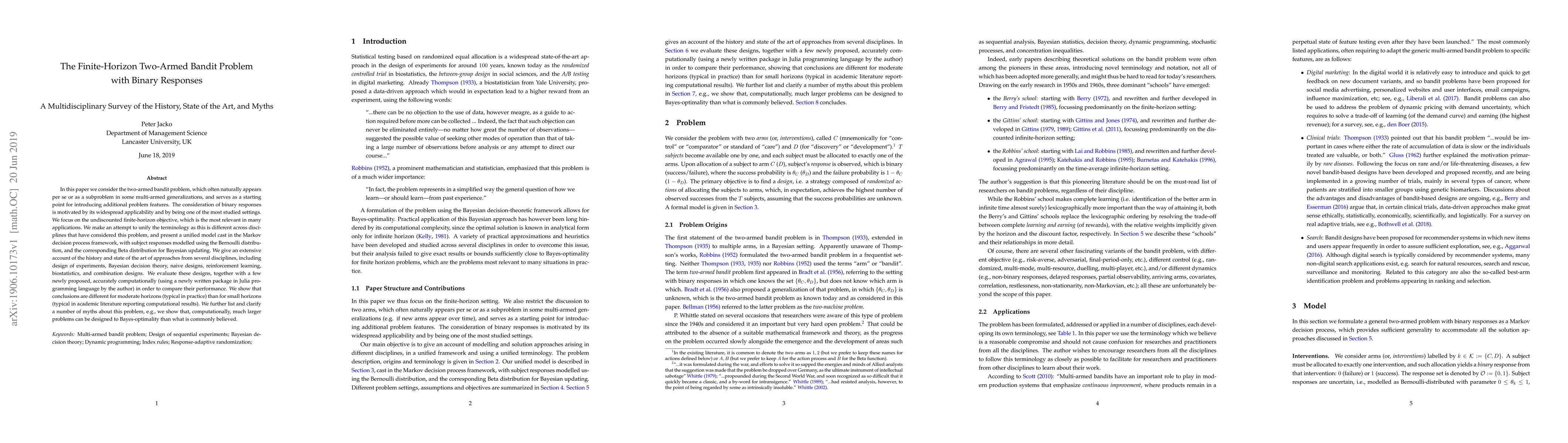 Thumbnail for The Finite-Horizon Two-Armed Bandit Problem with Binary Responses: A
  Multidisciplinary Survey of the History, State of the Art, and Myths