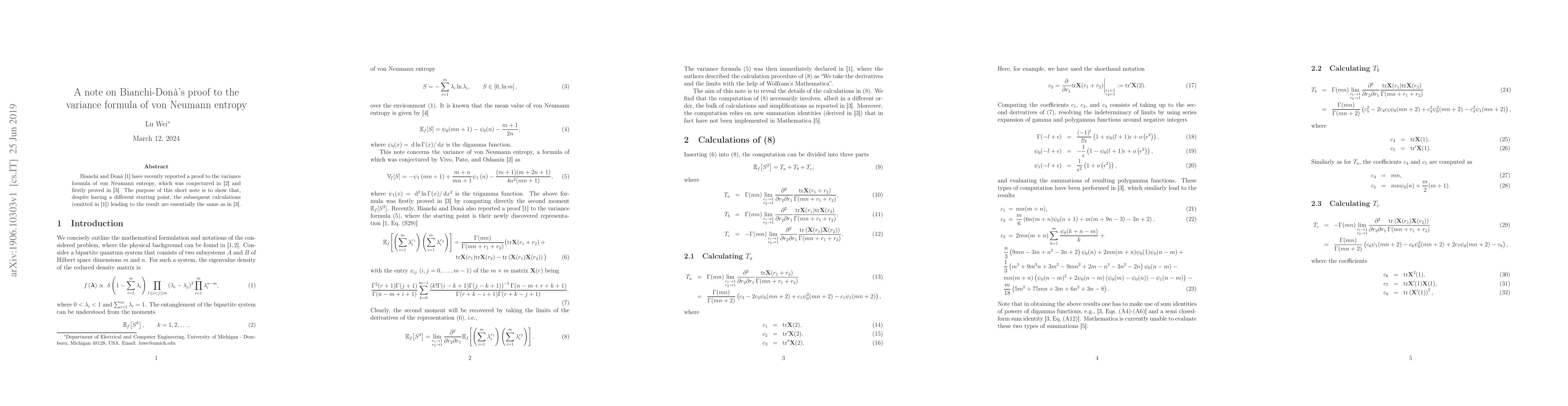 Thumbnail for A note on Bianchi-Don\`a's proof to the variance formula of von Neumann
  entropy