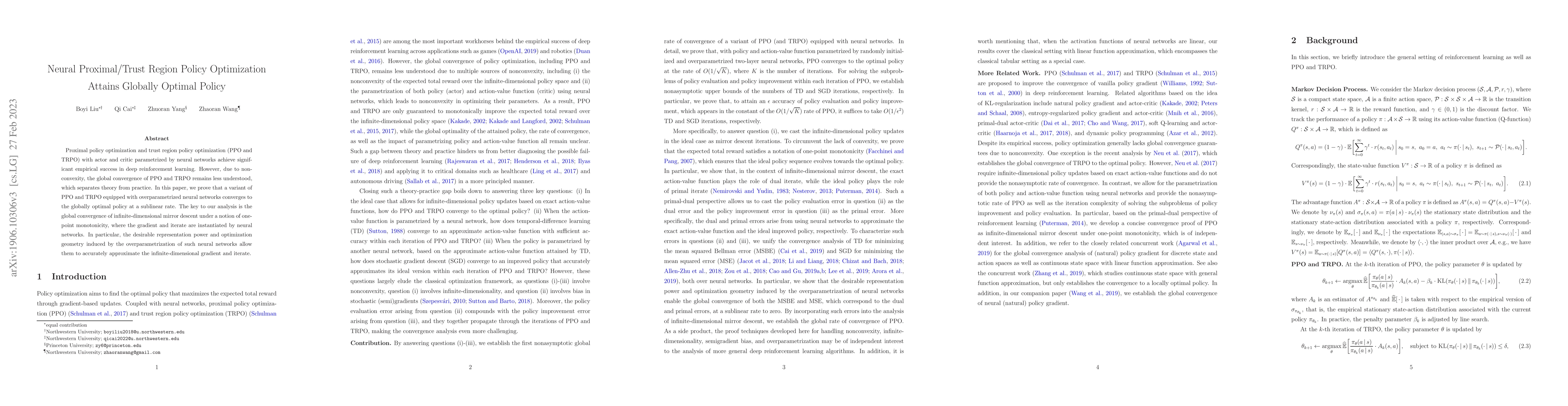 Thumbnail for Neural Proximal/Trust Region Policy Optimization Attains Globally
  Optimal Policy