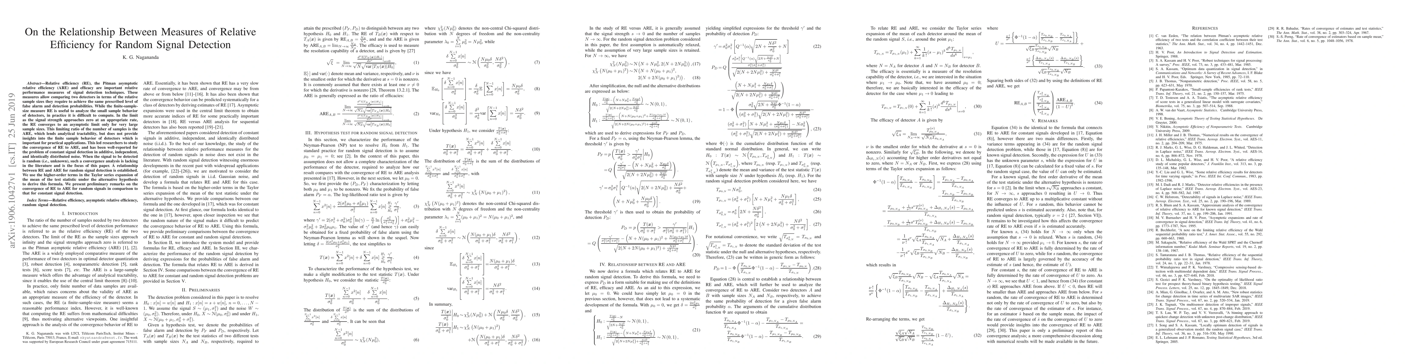 Thumbnail for On the Relationship Between Measures of Relative Efficiency for Random
  Signal Detection