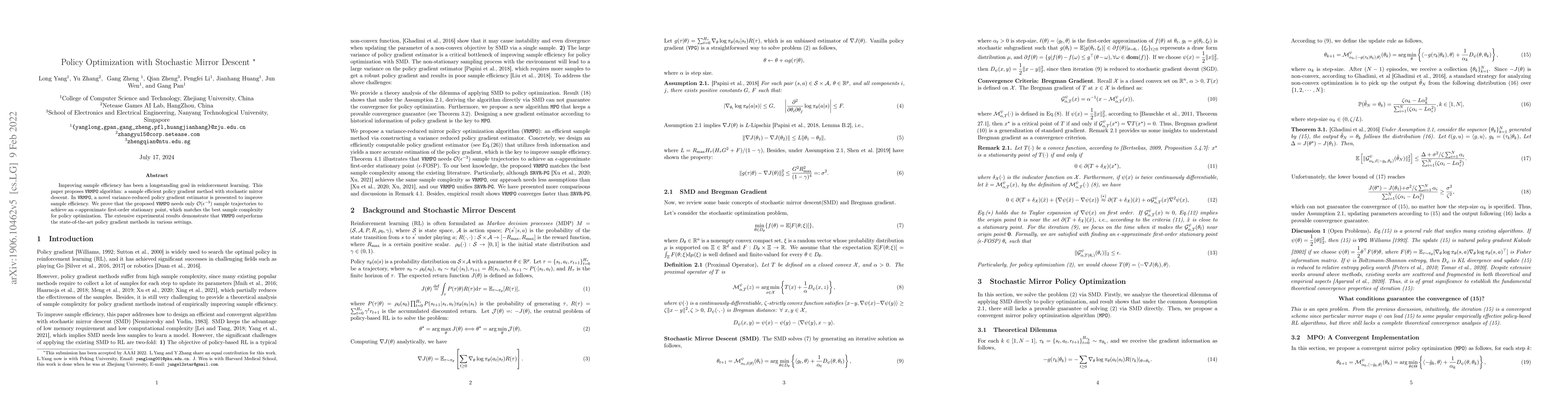 Thumbnail for Policy Optimization with Stochastic Mirror Descent