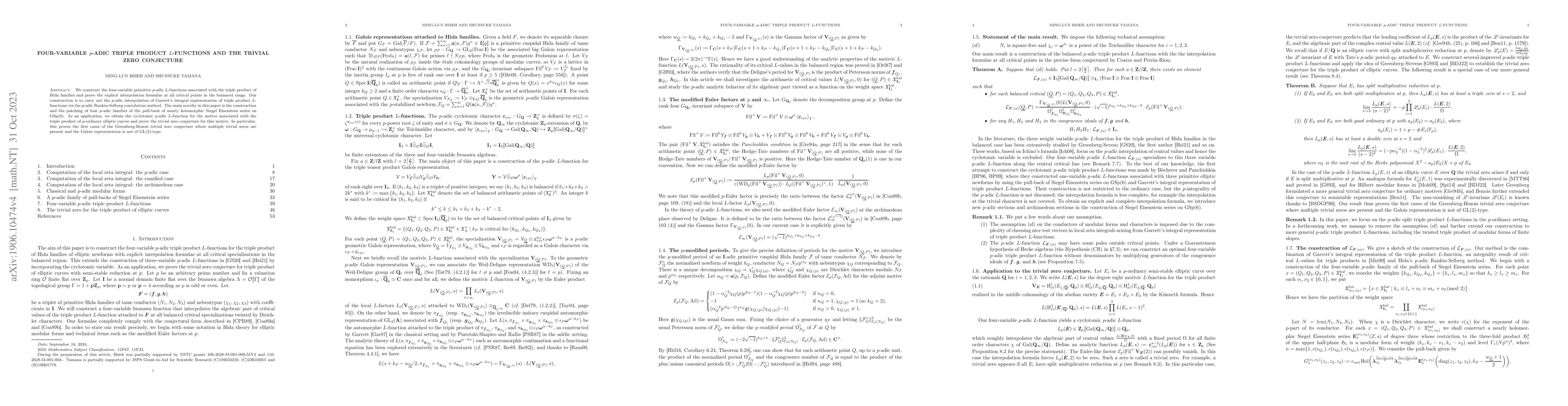 Thumbnail for Four-variable $p$-adic triple product $L$-functions and the trivial zero
  conjecture