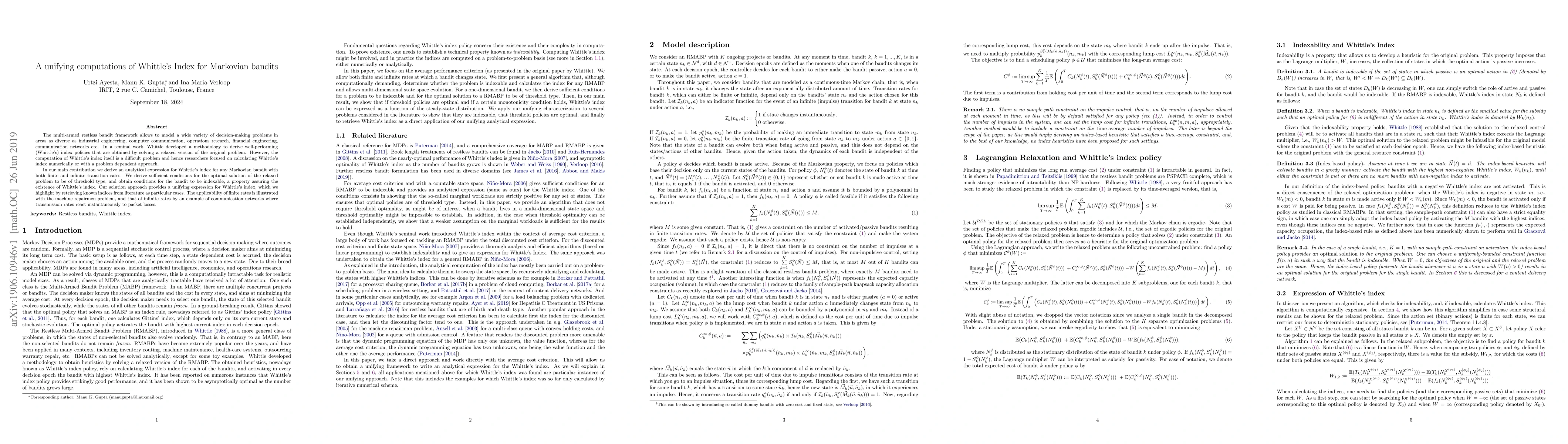 Thumbnail for A unifying computations of Whittle's Index for Markovian bandits