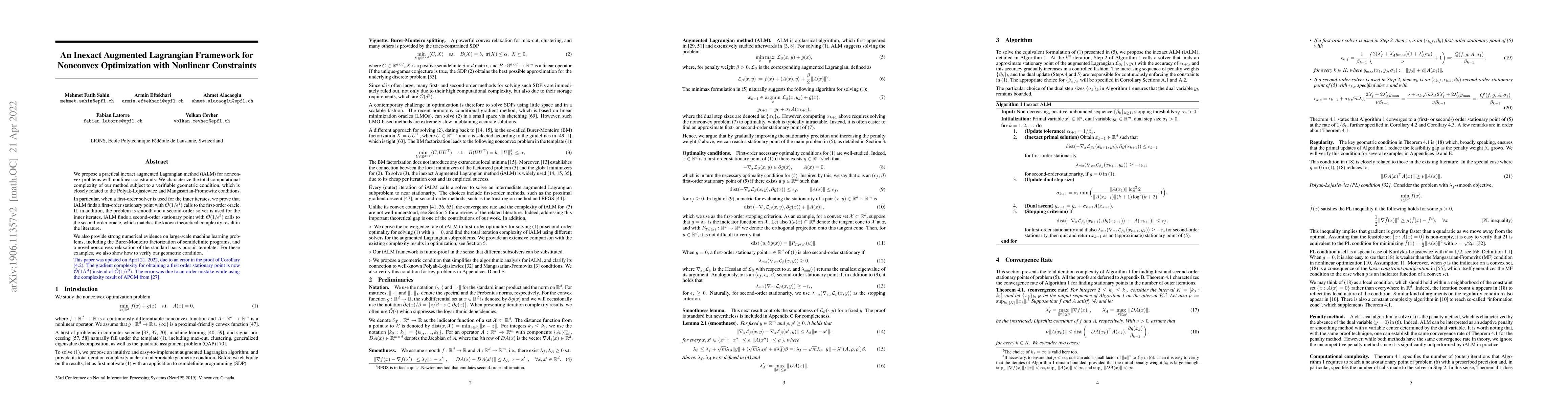 Thumbnail for An Inexact Augmented Lagrangian Framework for Nonconvex Optimization
  with Nonlinear Constraints