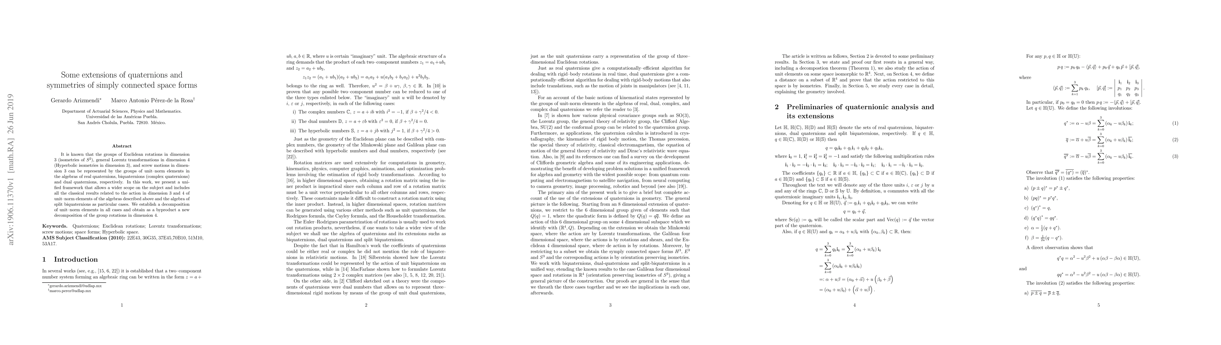 Thumbnail for Some extensions of quaternions and symmetries of simply connected space
  forms