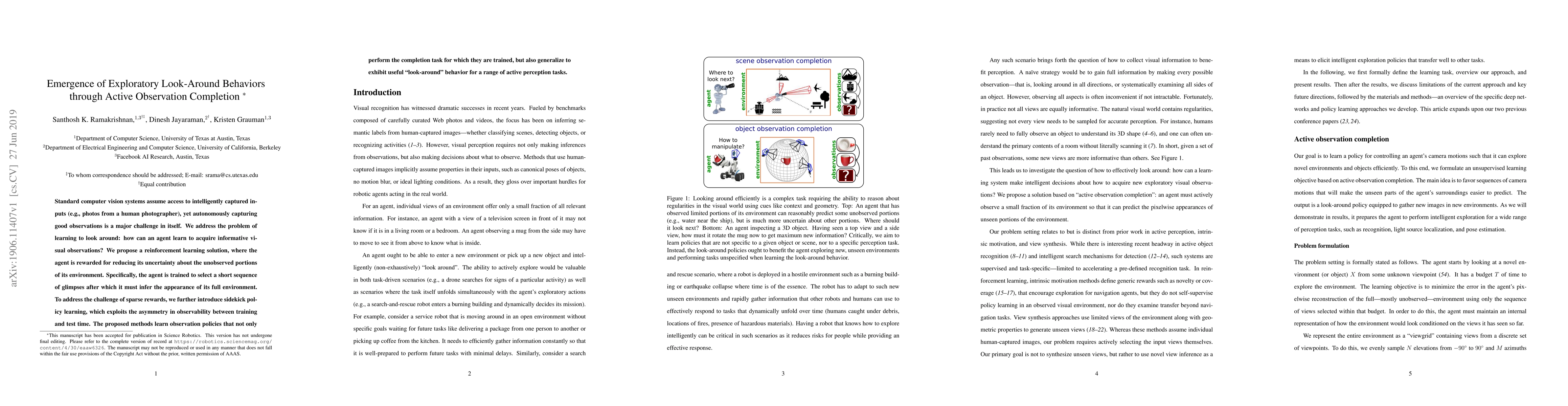 Thumbnail for Emergence of Exploratory Look-Around Behaviors through Active
  Observation Completion
