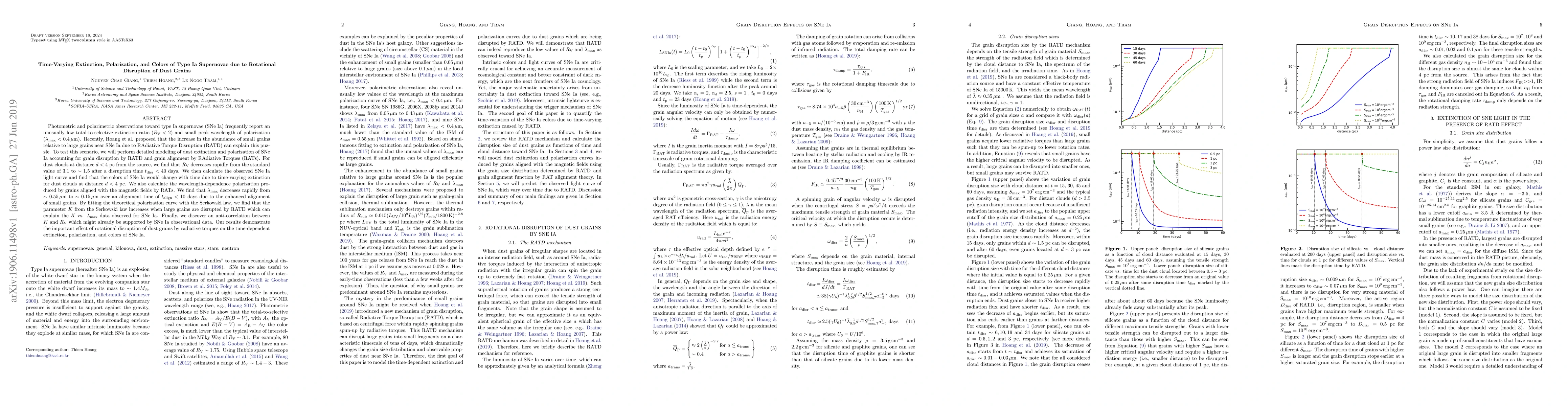 Thumbnail for Time-Varying Extinction, Polarization, and Colors of Type Ia Supernovae
  due to Rotational Disruption of Dust Grains