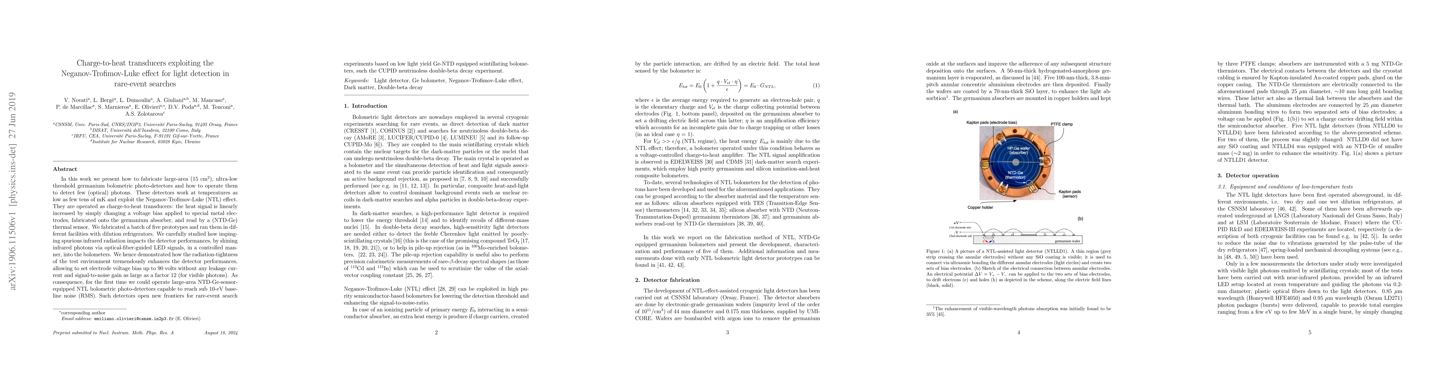 Thumbnail for Charge-to-heat transducers exploiting the Neganov-Trofimov-Luke effect
  for light detection in rare-event searches