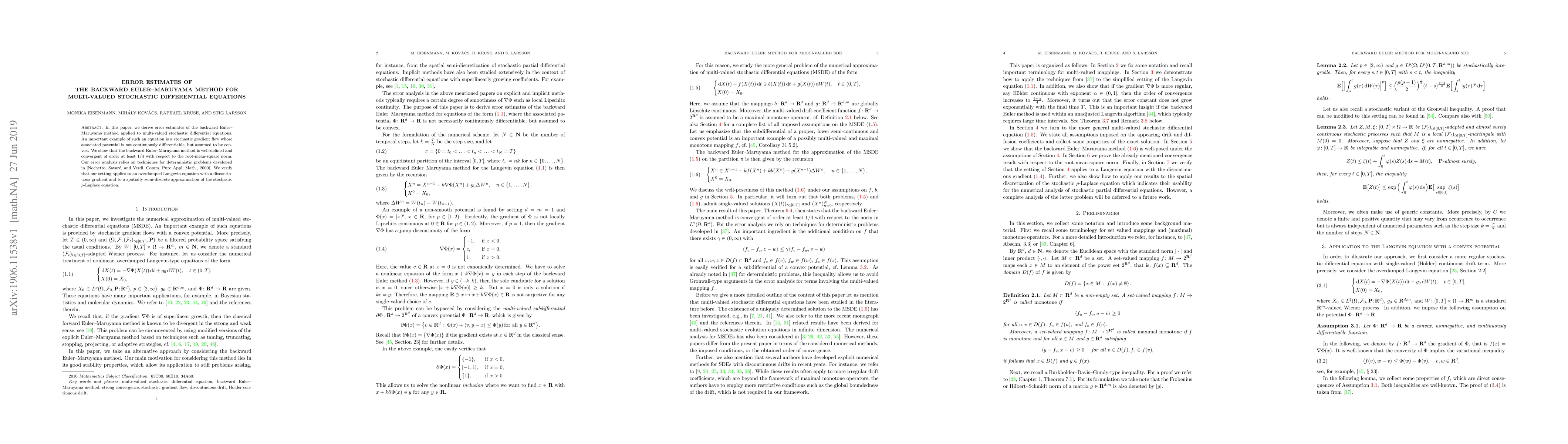 Thumbnail for Error estimates of the backward Euler-Maruyama method for multi-valued
  stochastic differential equations