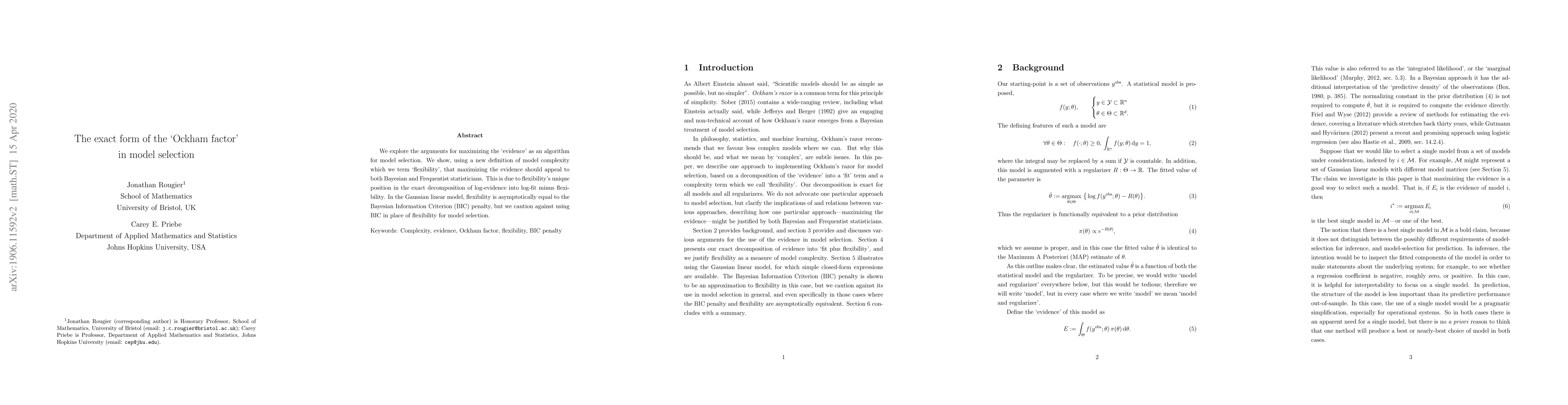 Thumbnail for The exact form of the 'Ockham factor' in model selection
