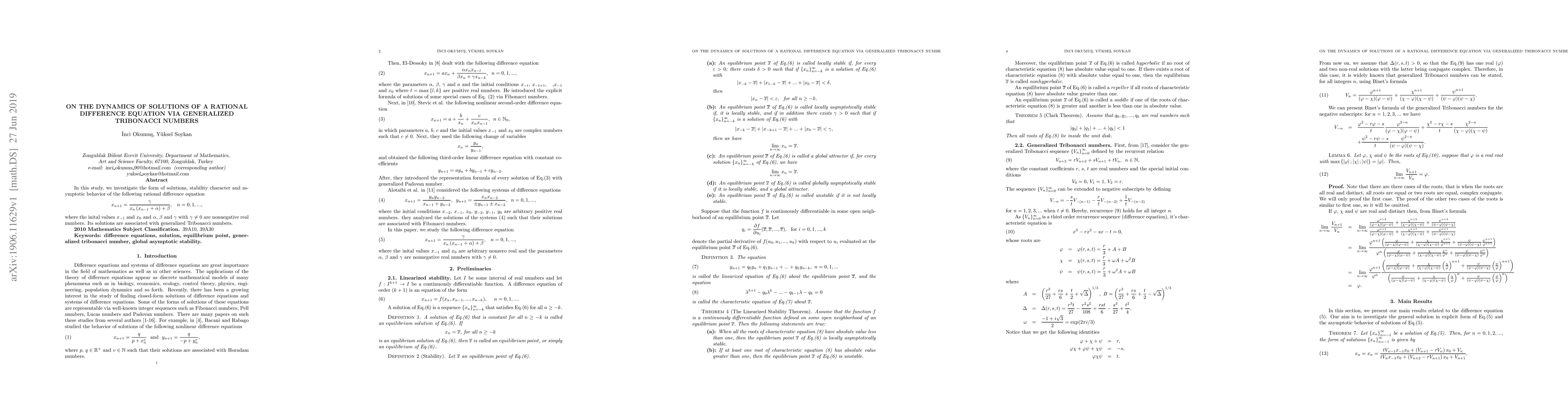 Thumbnail for On The Dynamics Of Solutions Of A Rational Difference Equation Via
  Generalized Tribonacci Numbers