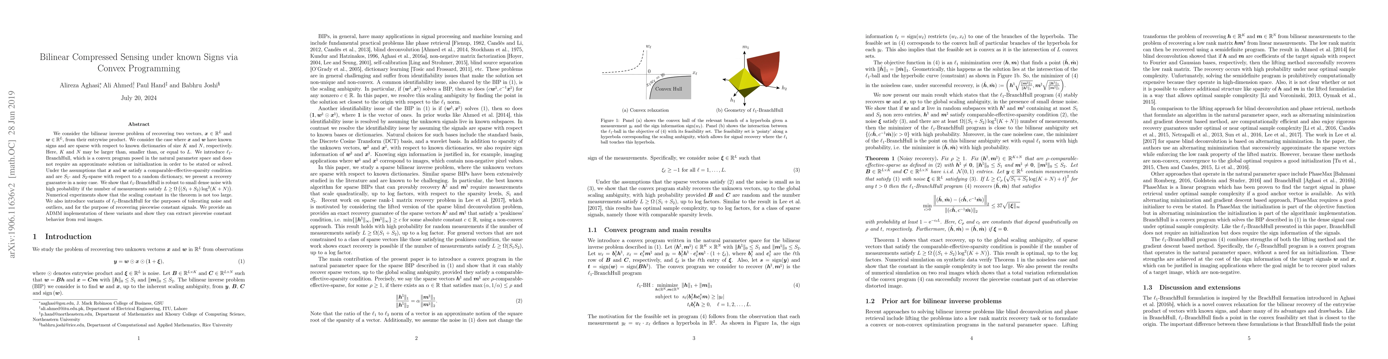 Thumbnail for Bilinear Compressed Sensing under known Signs via Convex Programming