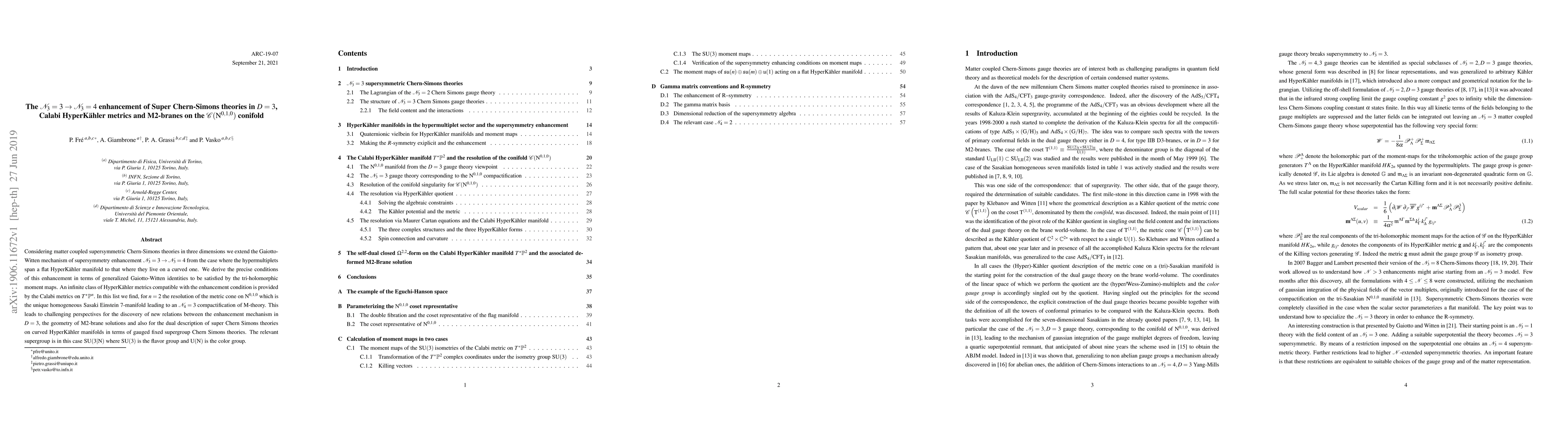 Thumbnail for The $\mathcal{N}_3=3\to \mathcal{N}_3=4$ enhancement of Super
  Chern-Simons theories in $D=3$, Calabi HyperK\"ahler metrics and M2-branes on
  the $\mathcal{C}(\mathrm{N^{0,1,0}})$ conifold