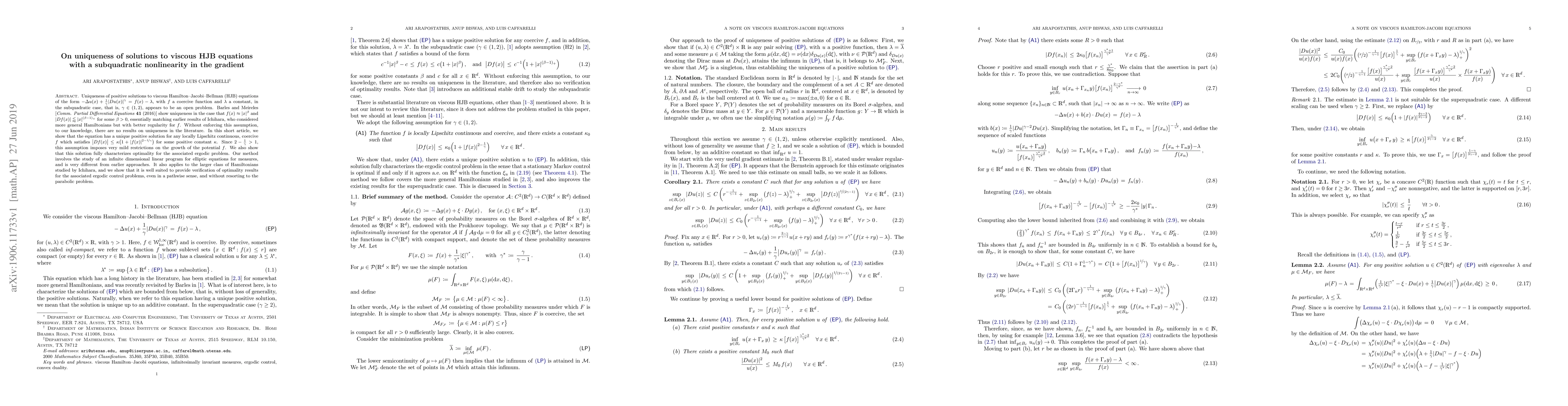 Thumbnail for On uniqueness of solutions to viscous HJB equations with a subquadratic
  nonlinearity in the gradient