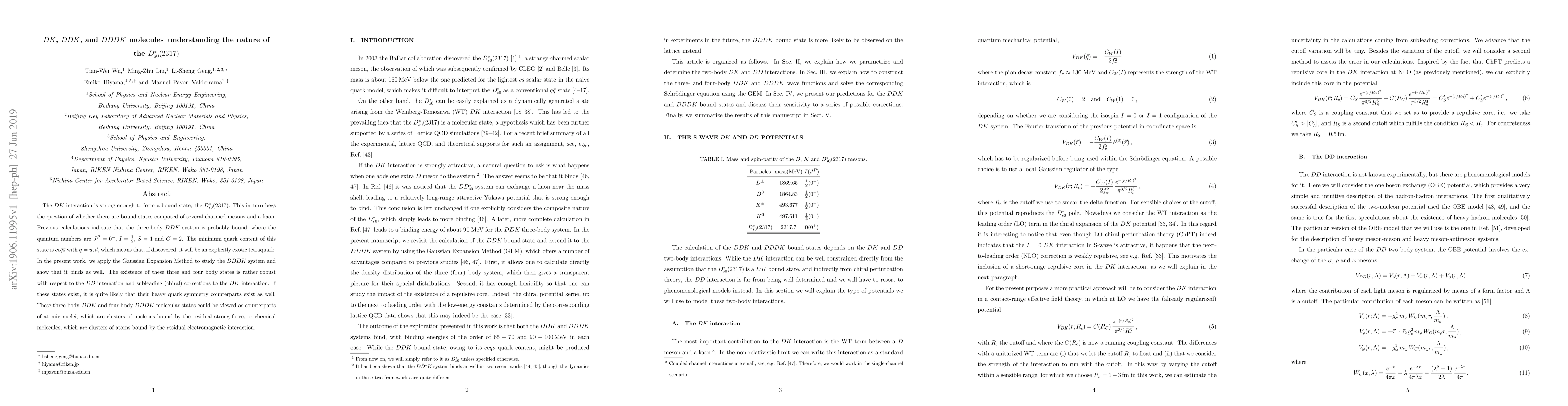 Thumbnail for $DK$, $DDK$, and $DDDK$ molecules--understanding the nature of the
  $D_{s0}^*(2317)$