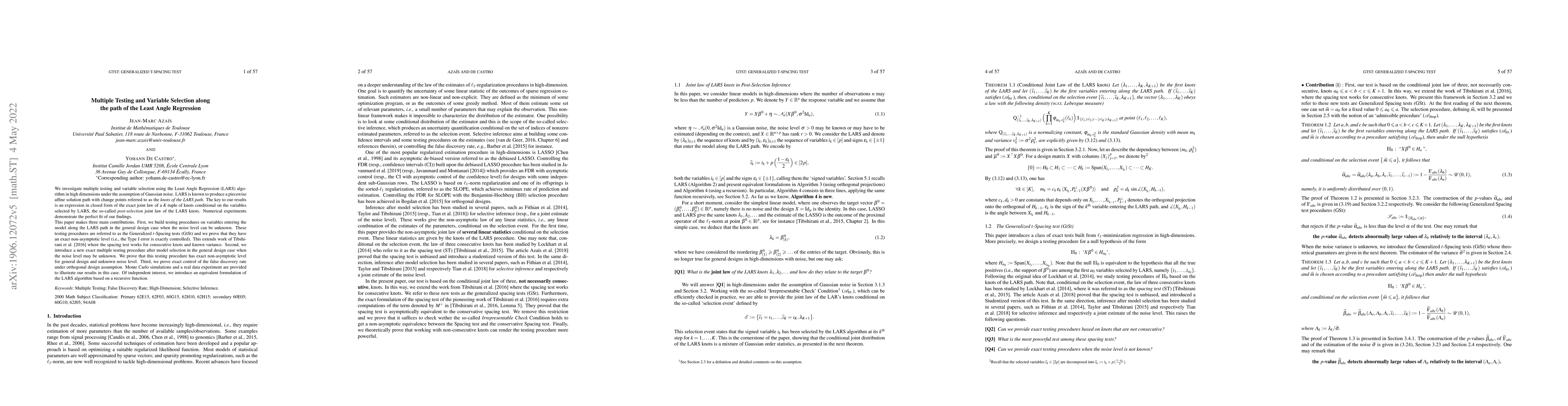 Thumbnail for Multiple Testing and Variable Selection along the path of the Least
  Angle Regression