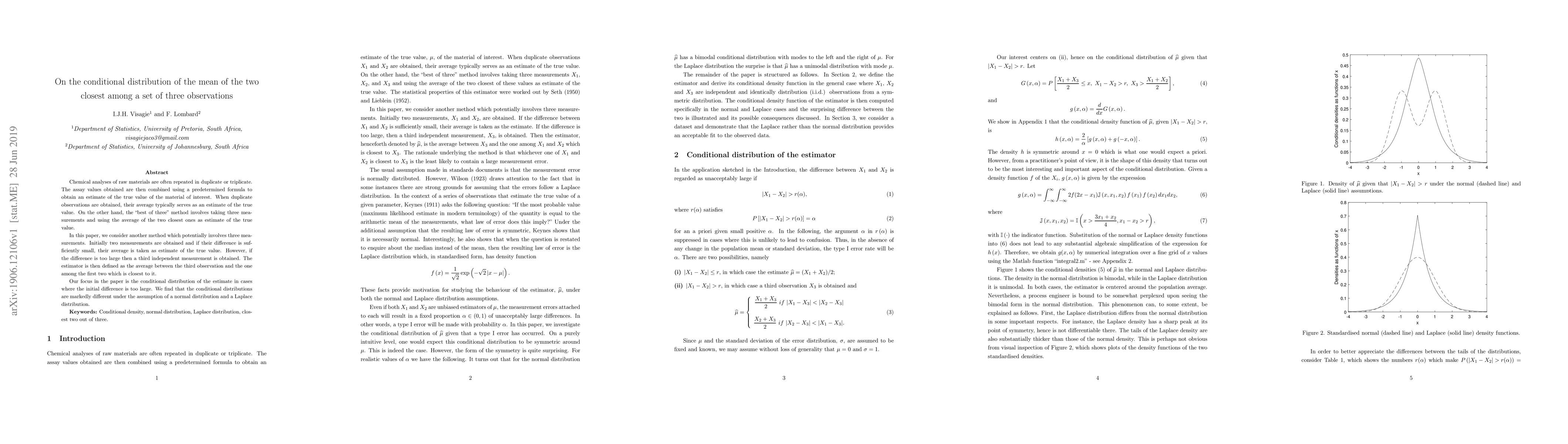 Thumbnail for On the conditional distribution of the mean of the two closest among a
  set of three observations