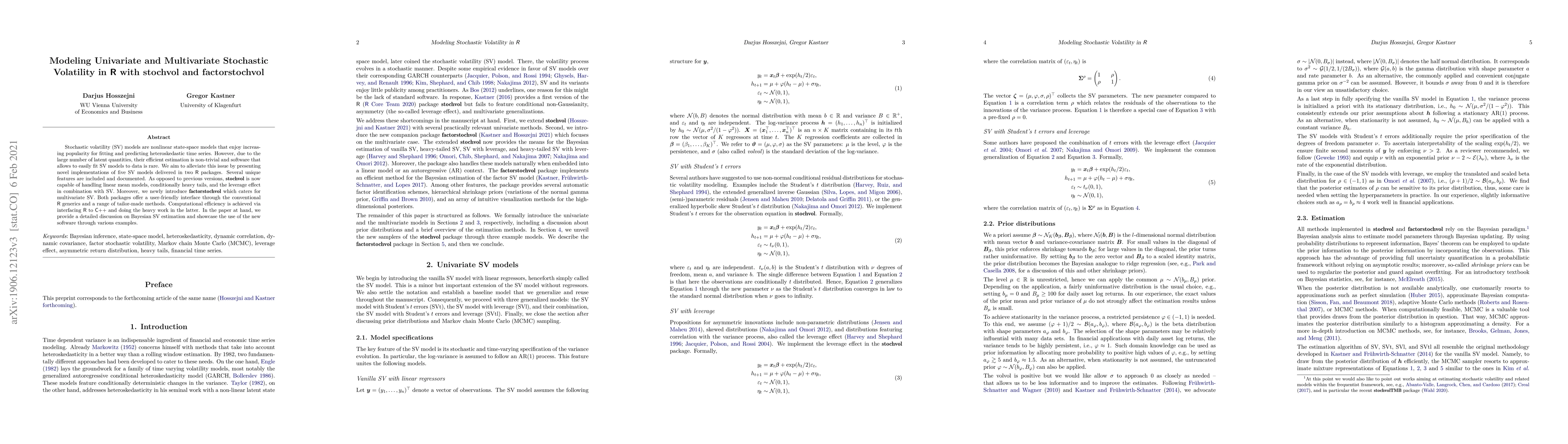 Thumbnail for Modeling Univariate and Multivariate Stochastic Volatility in R with
  stochvol and factorstochvol