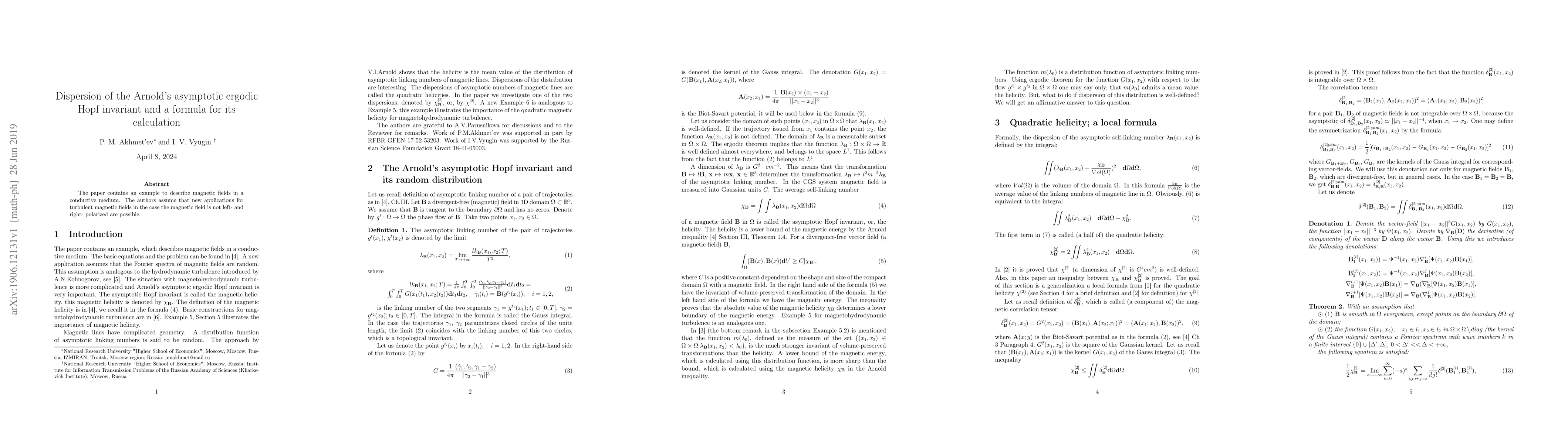 Thumbnail for Dispersion of the Arnold's asymptotic ergodic Hopf invariant and a
  formula for its calculation