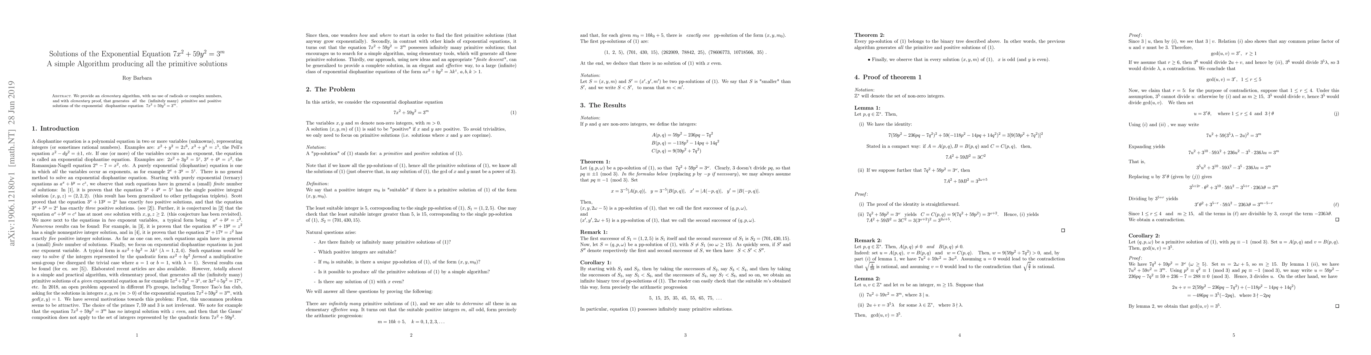 Thumbnail for Solutions of the Exponential Equation 7x^2 + 59y^2 = 3^m. A simple
  Algorithm producing all the primitive solutions