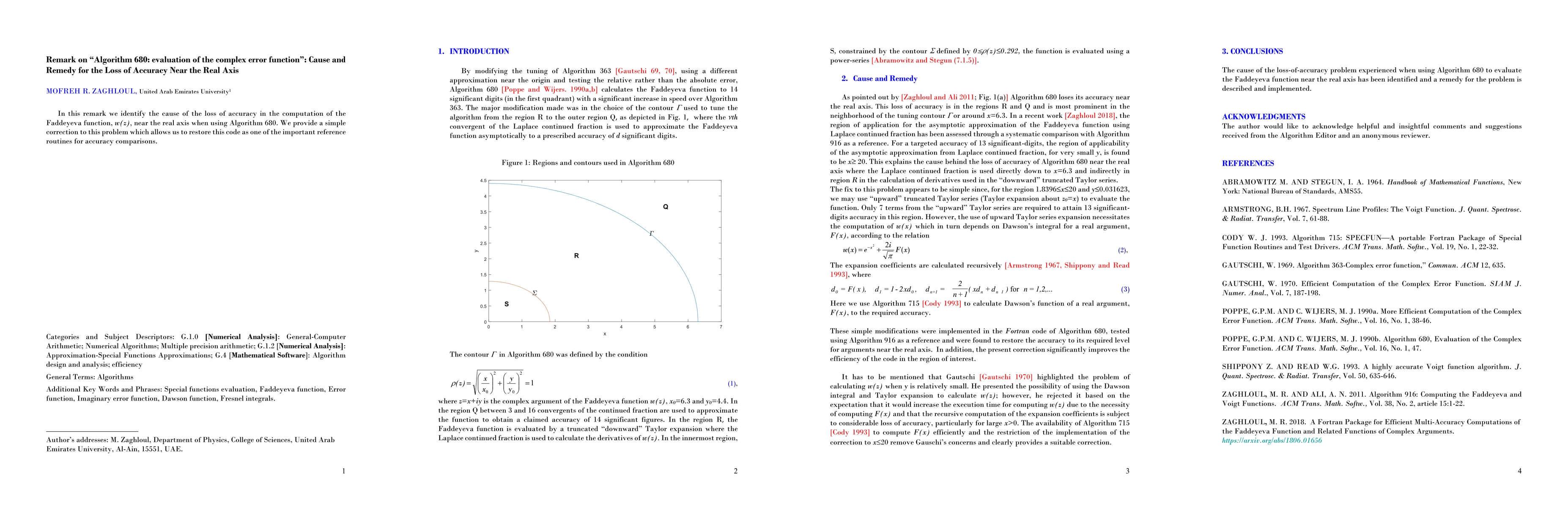 Thumbnail for Remark on Algorithm 680: evaluation of the complex error function: Cause
  and Remedy for the Loss of Accuracy Near the Real Axis