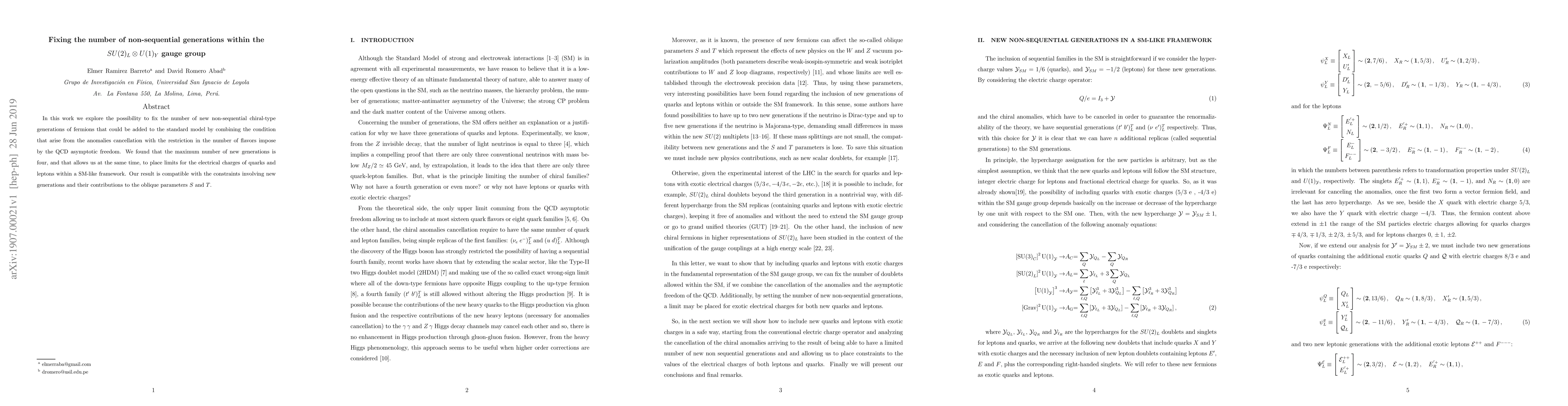 Thumbnail for Fixing the number of non-sequential generations within the
  $SU(2)_{L}\otimes U(1)_{Y}$ gauge group