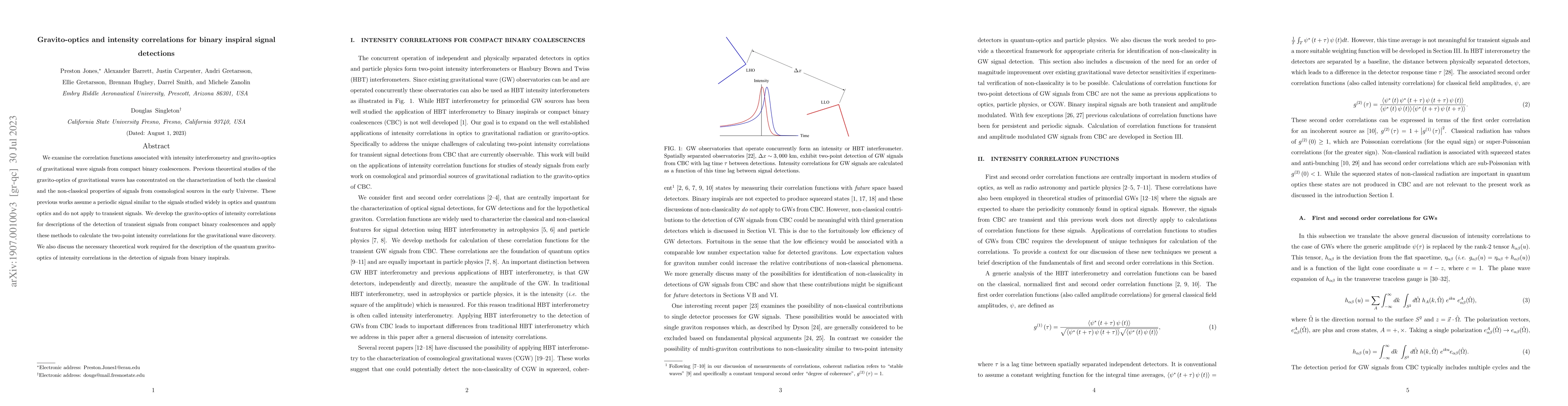 Thumbnail for Gravito-optics and intensity correlations for binary inspiral signal
  detections