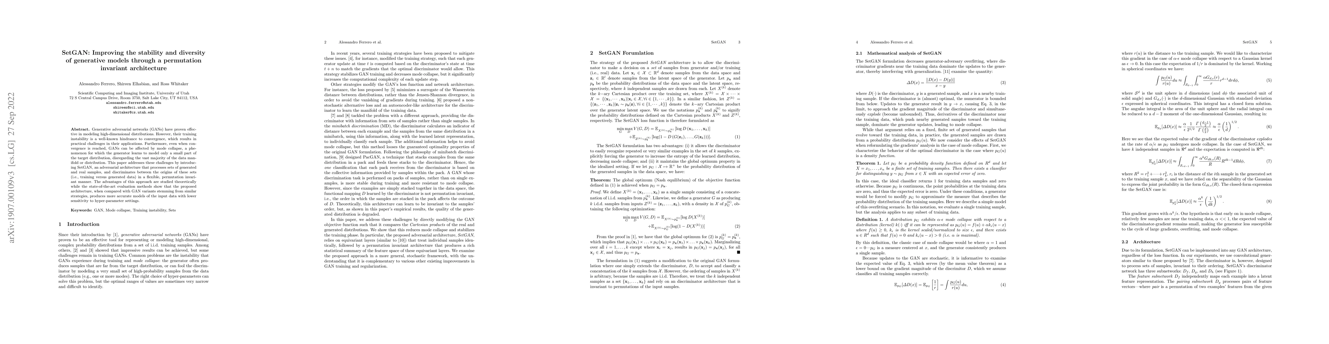 Thumbnail for SetGAN: Improving the stability and diversity of generative models
  through a permutation invariant architecture