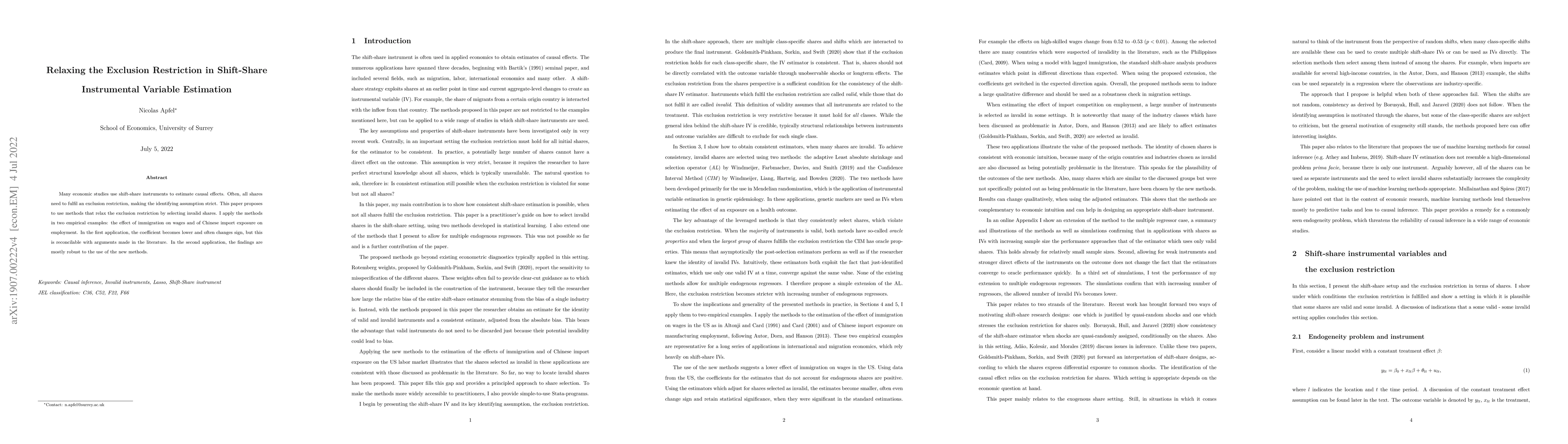 Thumbnail for Relaxing the Exclusion Restriction in Shift-Share Instrumental Variable
  Estimation