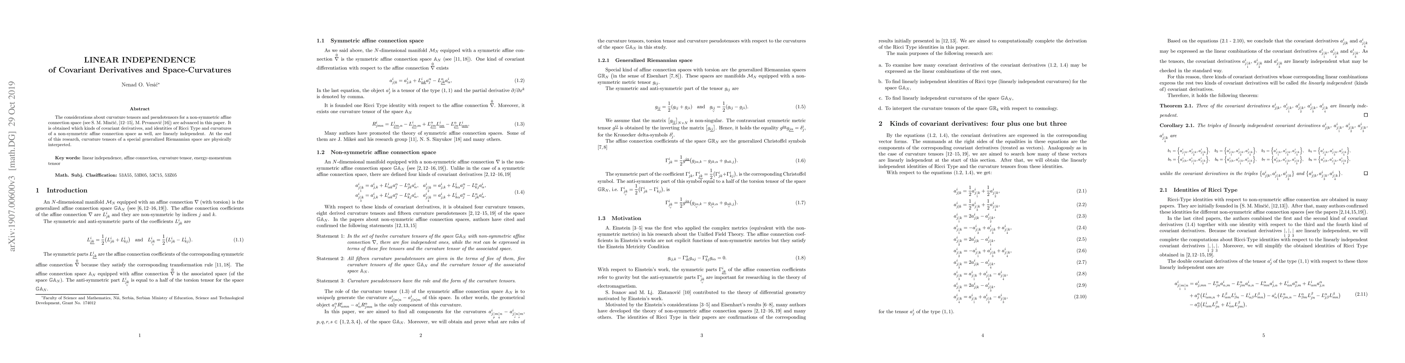 Thumbnail for Linear Independence of Covariant Derivatives and Space-Curvatures