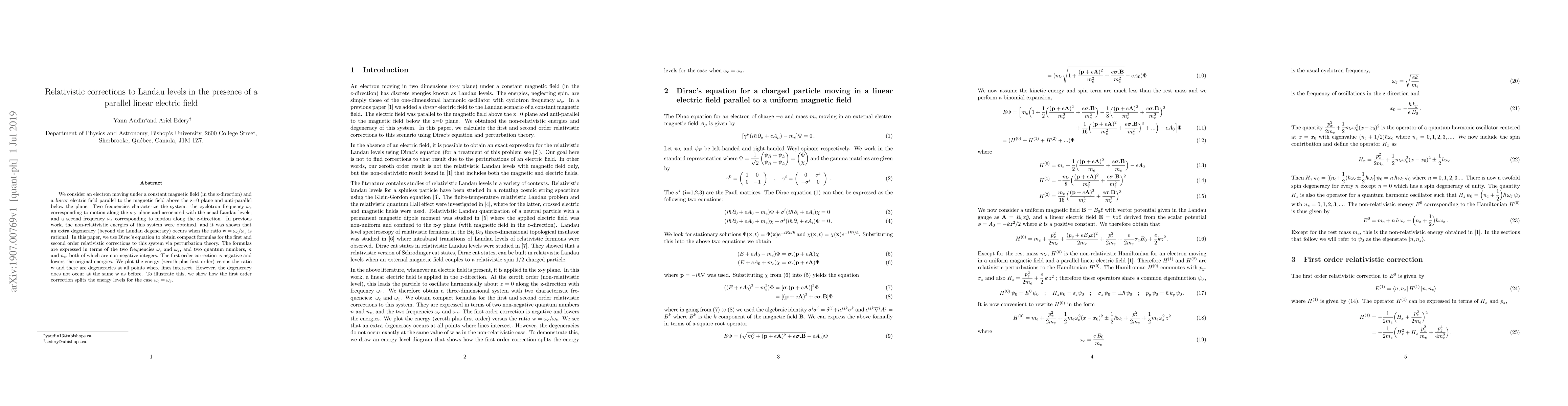 Thumbnail for Relativistic corrections to Landau levels in the presence of a parallel
  linear electric field