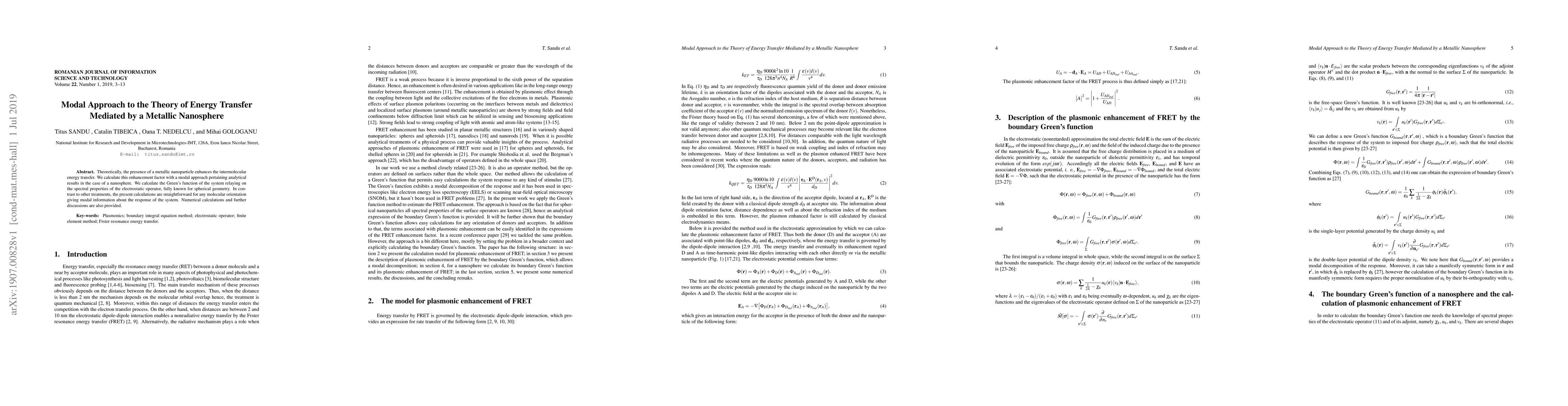 Thumbnail for Modal Approach to the Theory of Energy Transfer Mediated by a Metallic
  Nanosphere
