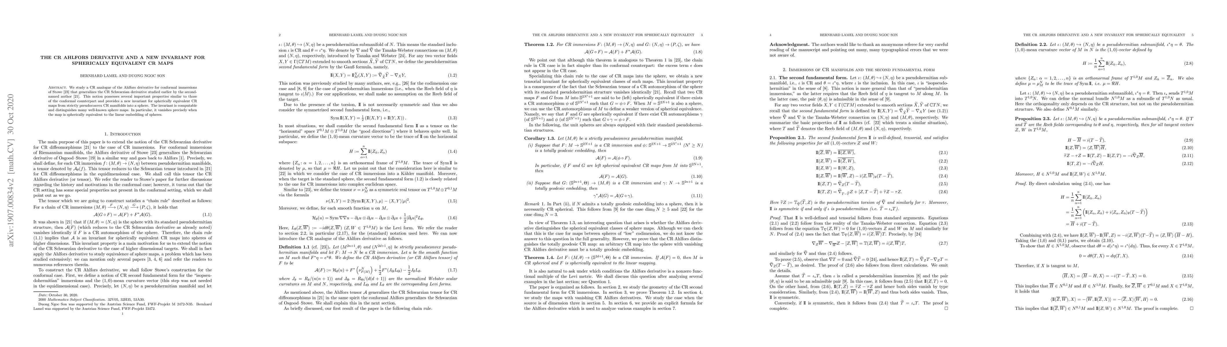 Thumbnail for The CR Ahlfors derivative and a new invariant for spherically equivalent
  CR maps