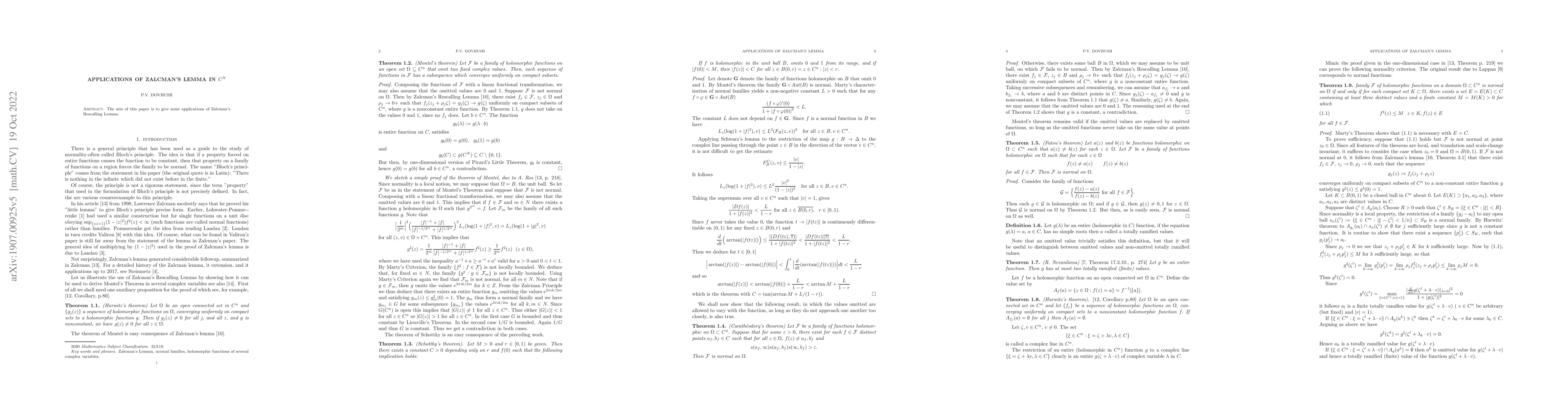 Thumbnail for Applications of Zalcman's lemma in $C^n$