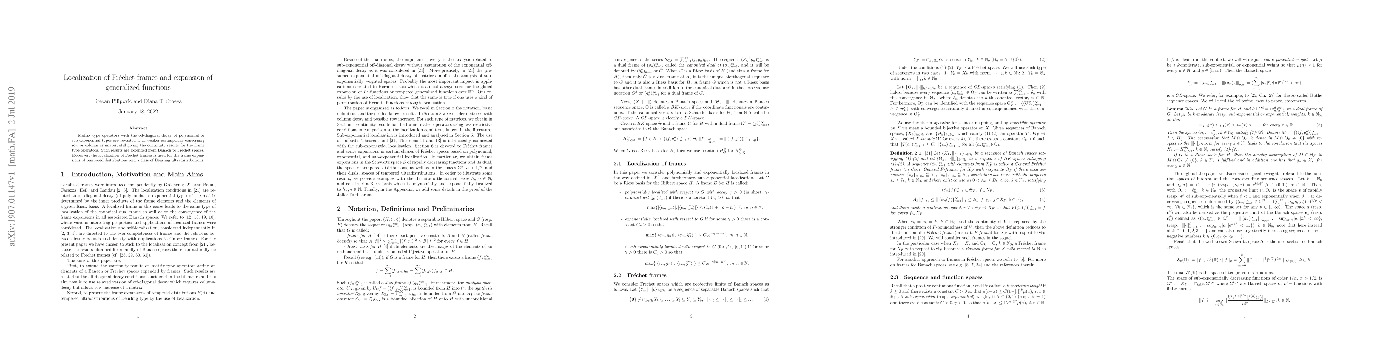 Thumbnail for Localization of Fr\'echet frames and expansion of generalized functions