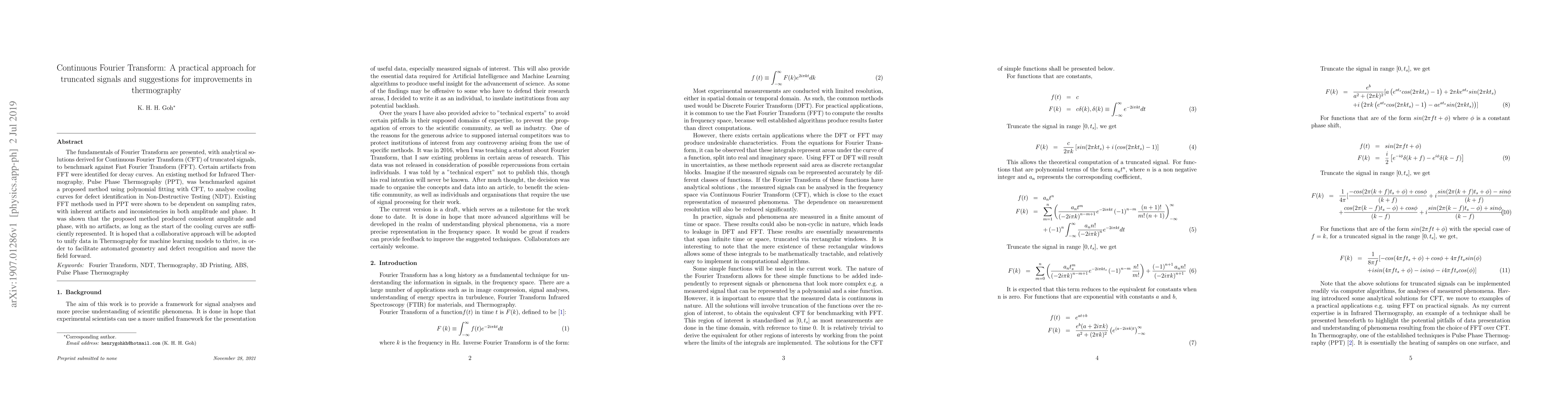 Thumbnail for Continuous Fourier Transform: A practical approach for truncated signals
  and suggestions for improvements in thermography