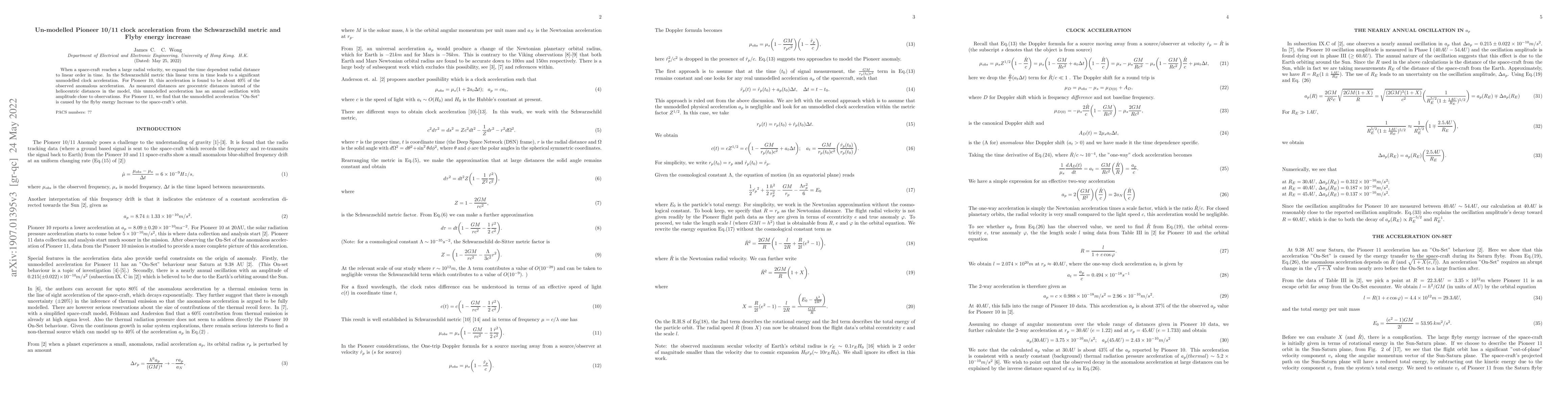 Thumbnail for Un-modelled Pioneer 10/11 clock acceleration from the Schwarzschild
  metric and Flyby energy Increase